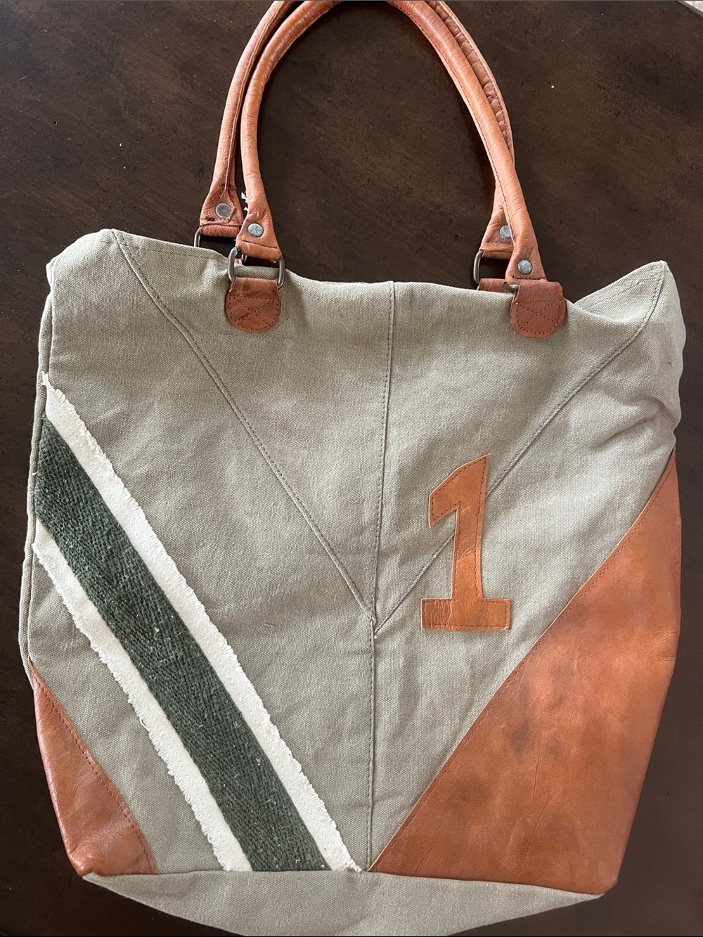 Rare Pine Creek cotton Canvas Tote Bag with 100% Leather in Olive and Tan - boho